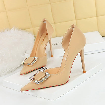 626-K6 2025 style sexy nightclub showing thin side hollow high heels women's shoes thin heel super high heel rhinestone buckle single shoes