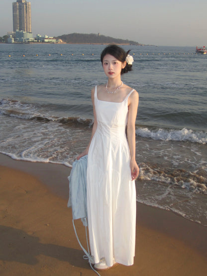 white suspender dress women's summer  new high-end temperament long dress first love dress 12048