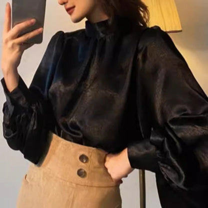 maoxiangshop 2000s fashion Spring and Autumn Korean-Style Fashionable Stand Collar Personalized All-Match Lantern Sleeve Satin Shirt Top for Women
