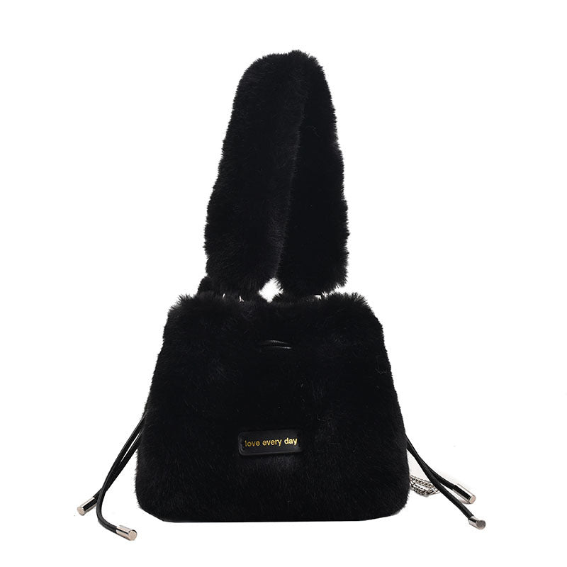 MAOXIANGSHOP 2025 autumn and winter new imitation rabbit fur pumping social worker handbag soft and simple bucket bag chain messenger bag bag