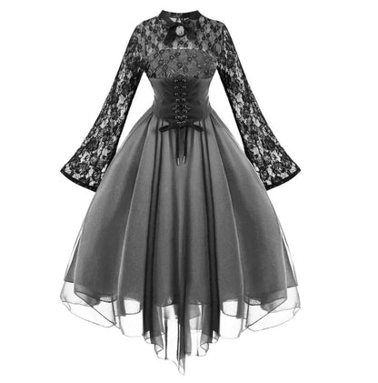 maoxiangshop group halloween costumes New Women's Gothic Style Sexy Dress Lace Stitching Long Sleeve Bell Sleeve Chiffon Dress Court Dress