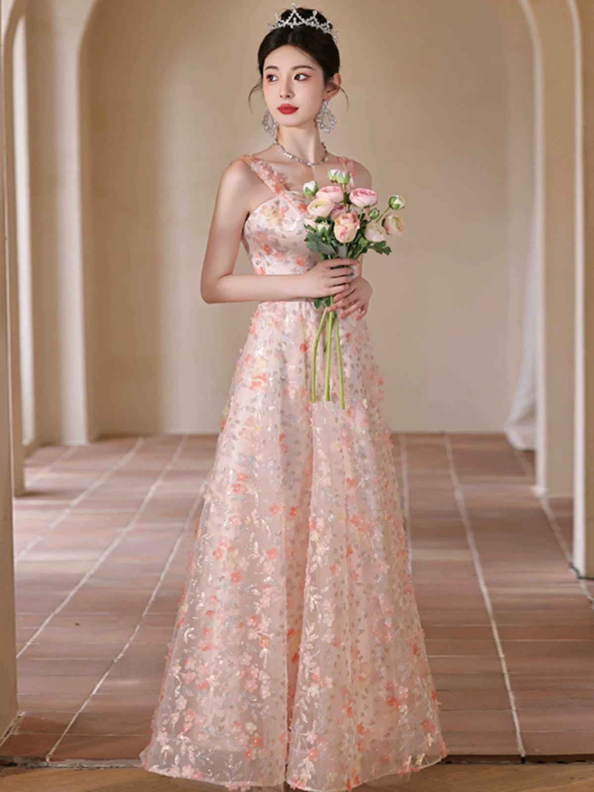Pink banquet evening dress skirt women's high-end light luxury niche high-end temperament art test host sling thin autumn