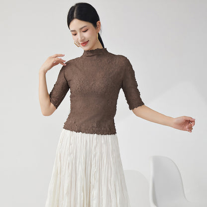 2025 Nanyou high-end women's clothing female slim temperament semi-turtleneck five-quarter sleeve versatile bottoming shirt  T-shirt top