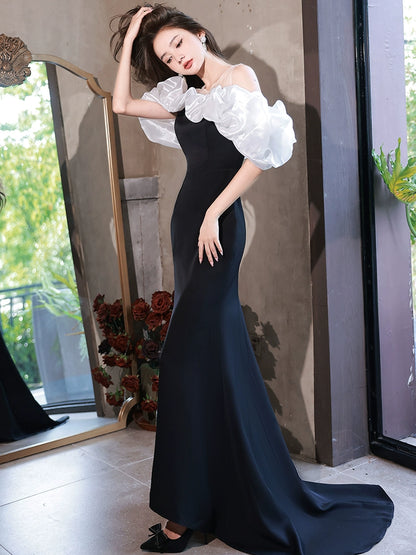 Evening dress women's banquet temperament can usually wear black high-end light luxury niche celebrity one-word shoulder trailing dress