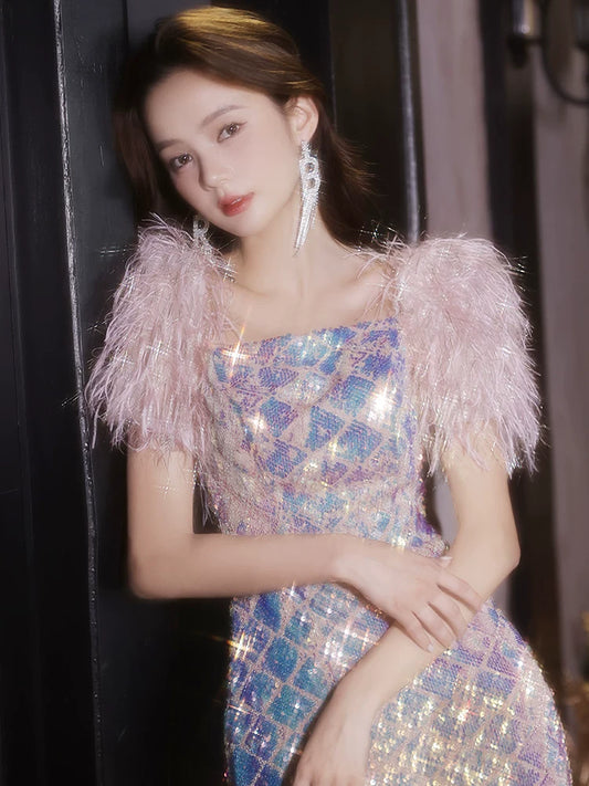 Sequined evening dress women's high-end sense high-end niche light luxury annual meeting host fishtail vocal art test bright dress
