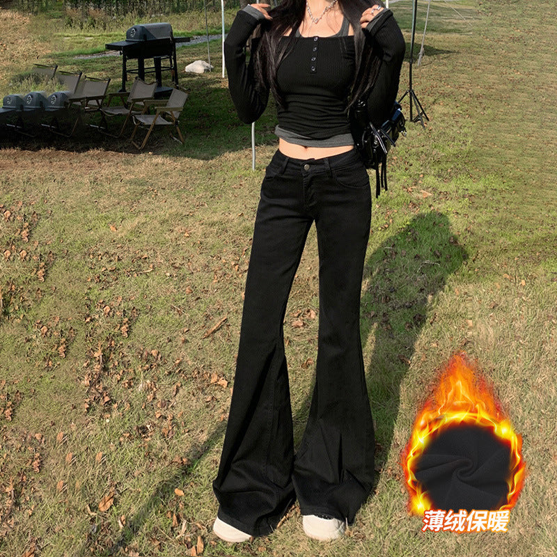 maoxiangshop 90s fashion American-Style Black Thin Velvet Skinny Jeans for Women 2024 Autumn and Winter New Low Waist Wide Leg Slimming Versatile Flared Pants