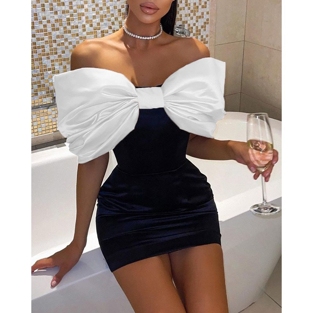 birthday outfit New Women's off-Shoulder Bow Sheath Dress Short Skirt Sexy Backless Tight Dress