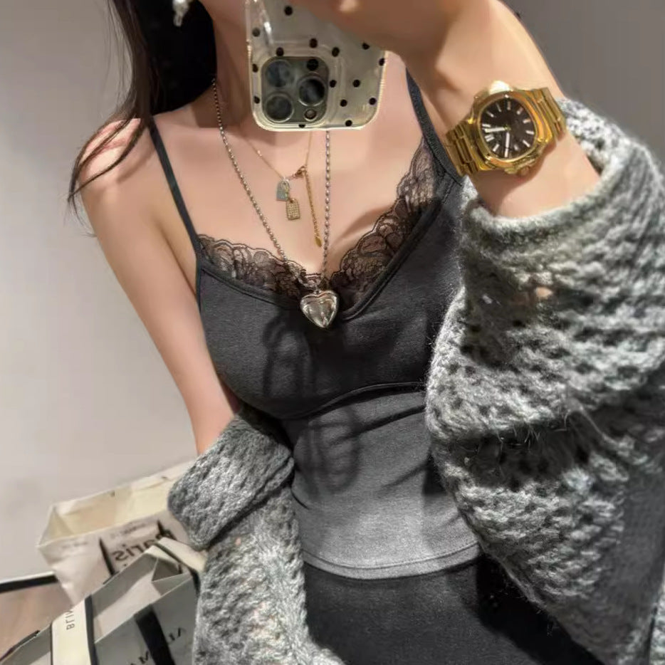 maoxiangshop y2k outfits Early Autumn French Lace Top Inner Base Shirt Sling Women's Sweet and Spicy Style with Chest Pad Sexy Lace Base Shirt