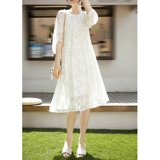 2025 Mulberry silk fairy dress silk embroidered mesh white medium and long dress  four-season green women's clothing spring and summer