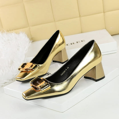 5288-K91 2025 style professional versatile OL commuter women's shoes thick heel middle heel square head metal buckle bow single shoes