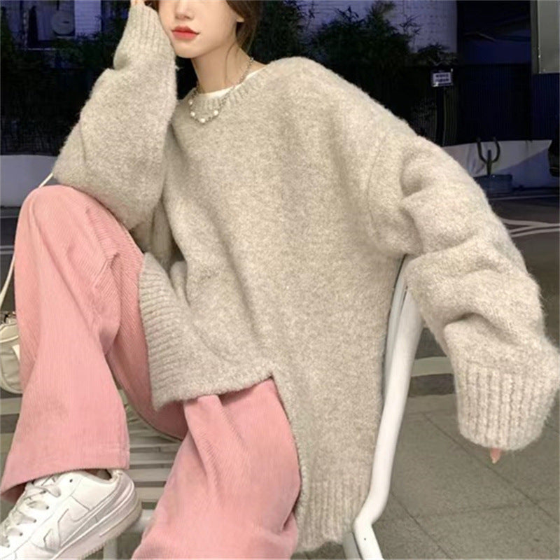 maoxiangshop-shop fall outfits aesthetic Lazy Style Round Neck Split Autumn and Winter New Soft Nuo Sweater Simple Loose All-Match Outer Sweater Women's Clothing