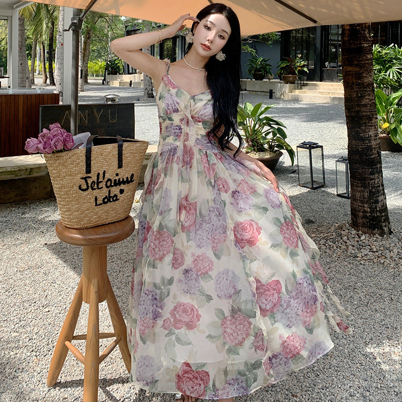 2025 Sanya travel wear irregular print suspender dress women summer super fairy thin seaside vacation long skirt