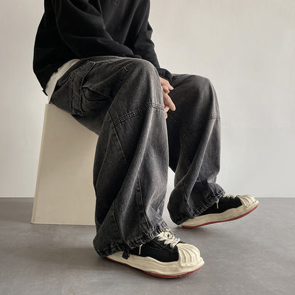 maoxiangshop-shop summer outfits men 2024 Washed Jeans Men's Spring and Autumn Retro Loose Wide-Leg Ruffle Handsome Straight High Street Overalls Pants