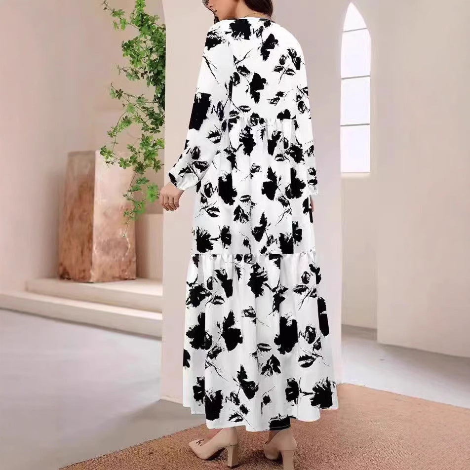 MAOXIANGSHOP 2025 2025 women's clothing fashion casual printing round neck long-sleeved big swing dress women's long dress elegant straight dress