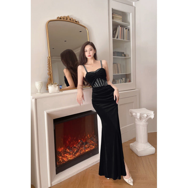 maoxiangshop Dress to Impress Codes Autumn Fashion Elegant Sexy Dress Slimming Evening Dress Low-Cut Velvet Dress for Women