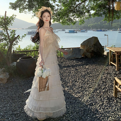 2025 travel photo ruffle leaf edge suspender dress female summer super fairy design seaside vacation cake long skirt