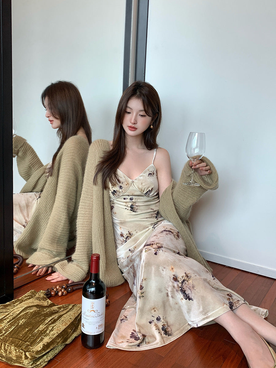 2025 Thirteen Lines popular Autumn New Temperament Printing Pure Desire High Waist Suspender Dress Women 88105