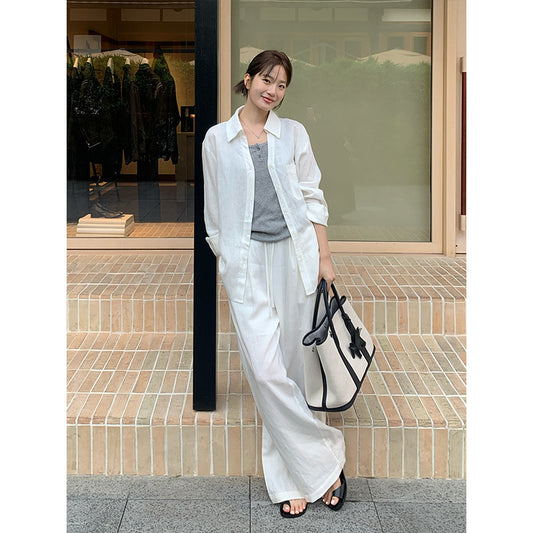 2025  Tencel linen shirt + drawstring casual pants 2025 spring and summer senior simple two-piece set T089