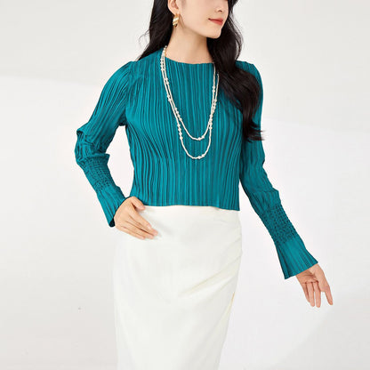 2025 Pleated top autumn new women's texture bottoming shirt women's design short long-sleeved T-shirt slim and thin