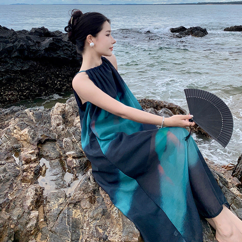 dark green contrasting colors niche design sense thin dress Sanya seaside vacation loose thin white dress