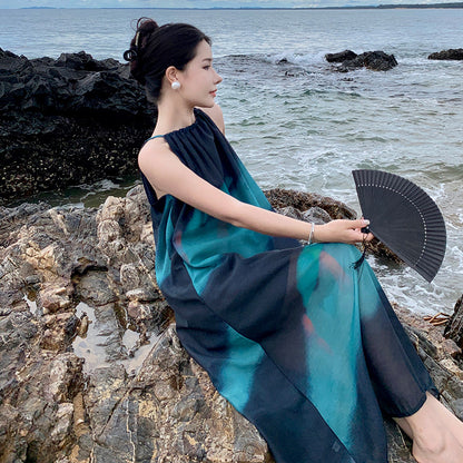 dark green contrasting colors niche design sense thin dress Sanya seaside vacation loose thin white dress