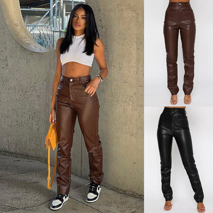 maoxiangshop-shop lookbook outfits 2024 Autumn and Winter New Pure Color PU Leather Slim-Fit Leisure Pants for Women