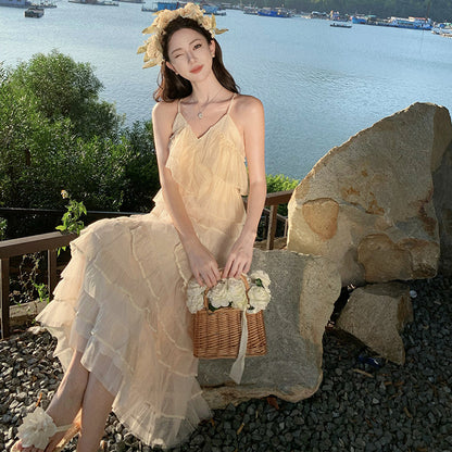 2025 travel photo ruffle leaf edge suspender dress female summer super fairy design seaside vacation cake long skirt