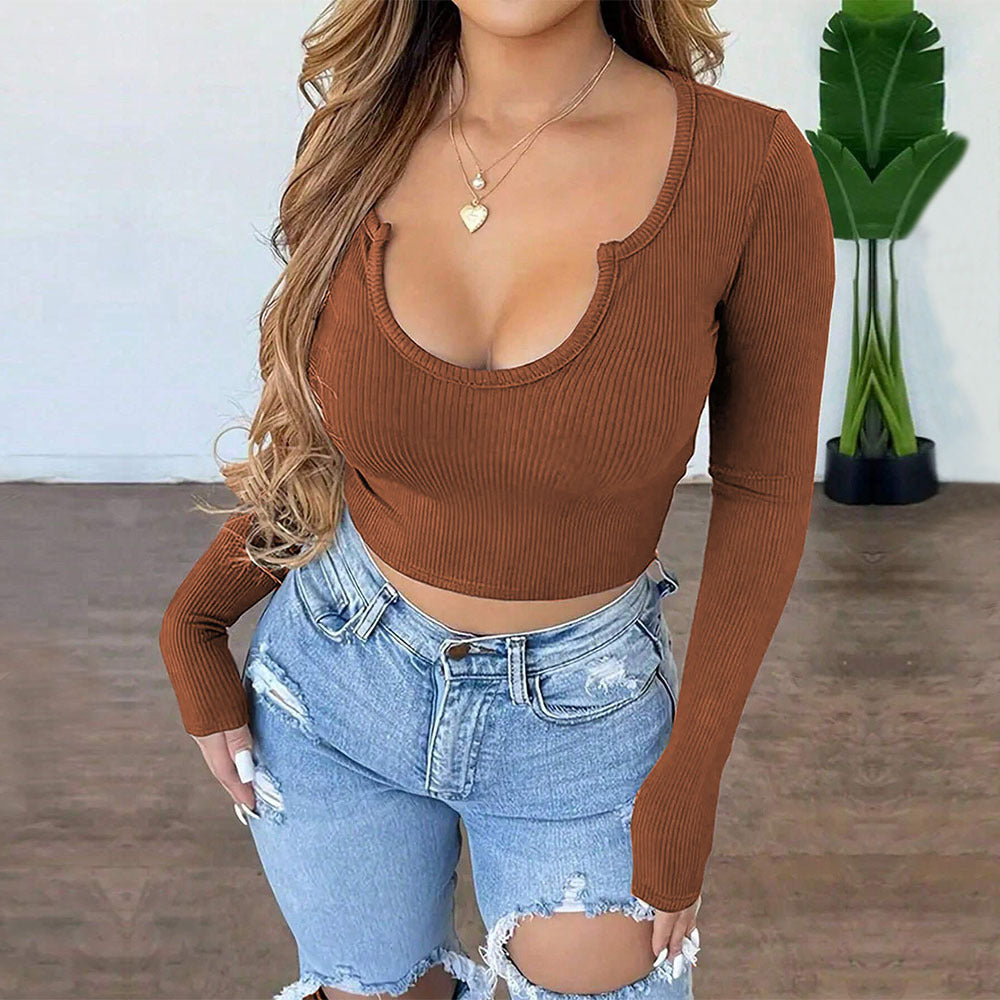 maoxiangshop pumpkin patch outfit Women's Sweet and Spicy Style U-Neck T-shirt Autumn and Winter Short Navel Sexy Hot Girl Long-Sleeved Top
