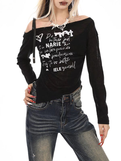 2025n trendy brand printing chic long-sleeved top women's spring and summer thin slim elastic one-word shoulder t-shirt