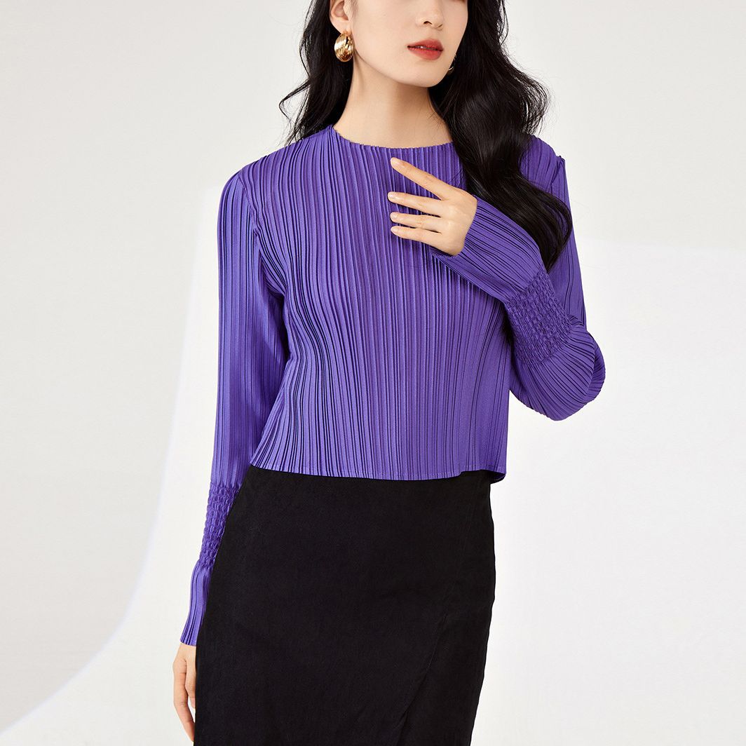 2025 Pleated top autumn new women's texture bottoming shirt women's design short long-sleeved T-shirt slim and thin