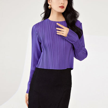 2025 Pleated top autumn new women's texture bottoming shirt women's design short long-sleeved T-shirt slim and thin