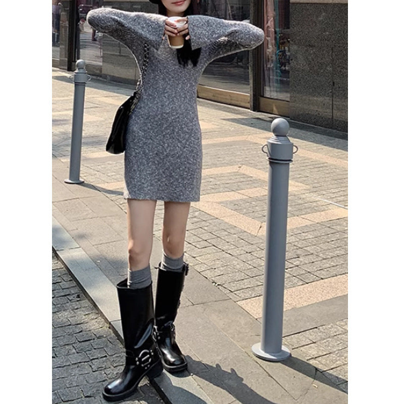 maoxiangshop 90s fashion Sexy V-neck Knitted Dress Women's 2024 Autumn and Winter Slim Fit Inner Waist Bottoming Hip Skirt Flared Sleeve Fashion