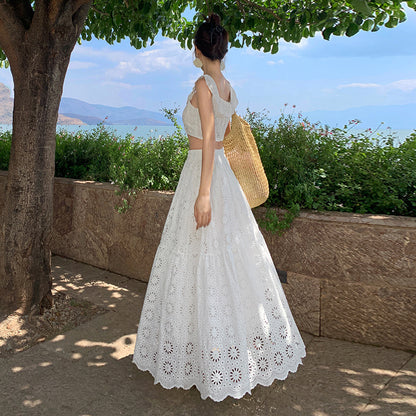Holiday style white embroidery hollow lace suit skirt summer  temperament small vest half-length skirt two-piece set