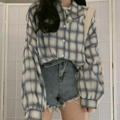 maoxiangshop-shop grunge outfits Plaid Shirt Women's Loose Korean-Style Mid-Length Retro Hong Kong Style Versatile Bf Long Sleeve Ins Coat Fashion