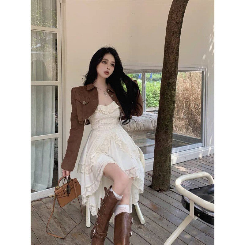 2000s fashion Pure Desire Temperament Sling Dress Women's Early Autumn Popular Suit Retro Motorcycle Short Coat Two-Piece Set