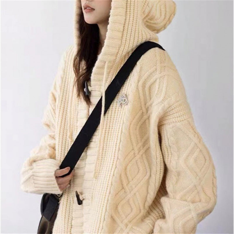 maoxiangshop-shop outfit inspo Retro Green Horn Buckle Twist Sweater Coat for Women Spring and Autumn Loose Lazy Hooded Knitted Cardigan Thickened Upper