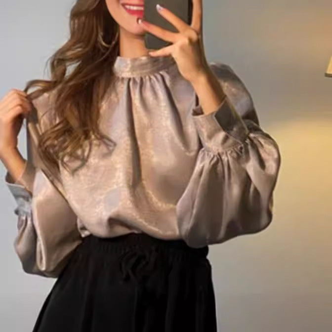 maoxiangshop 2000s fashion Spring and Autumn Korean-Style Fashionable Stand Collar Personalized All-Match Lantern Sleeve Satin Shirt Top for Women