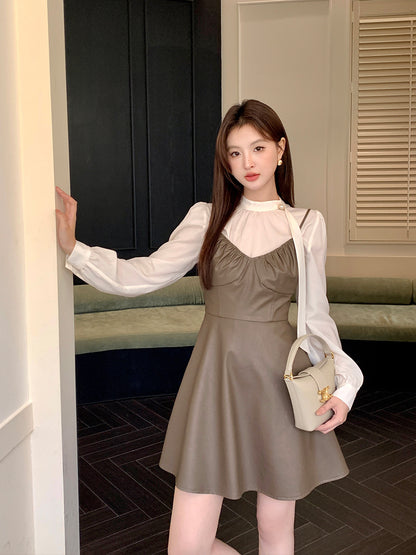 2025 popular autumn new Korean version temperament versatile suspender dress PU pure desire short leather skirt women 88119