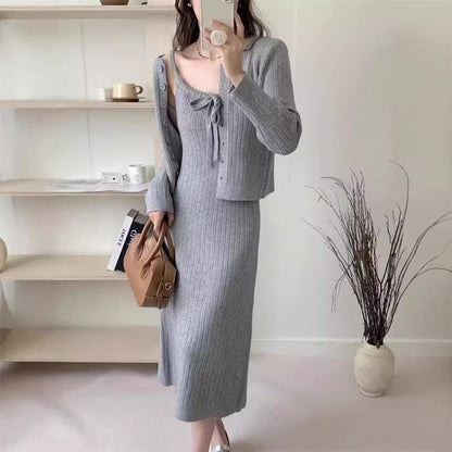 maoxiangshop-shop comfy school outfits Autumn and Winter Wear Two-Piece Women's Korean-Style Elegant Bottoming Knitted Dress + Lazy Sweater Coat Lace-up Top