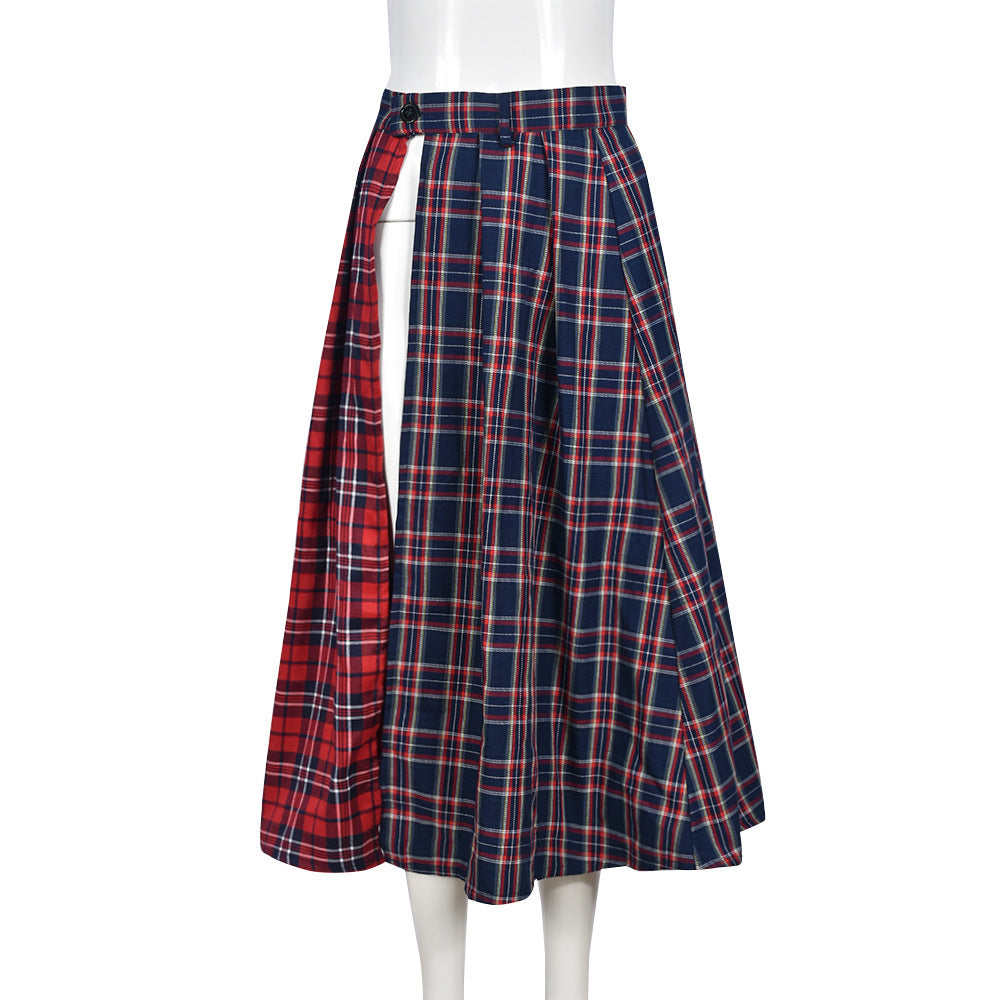 maoxiangshop 2000s fashion Autumn New Stitching Contrast Color Plaid Personality Skirt Women's Clothing