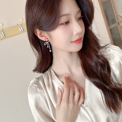 2025 Light luxury super fairy sweet love bow temperament earrings s925 silver needle micro-inlaid zircon fashion high-end earrings