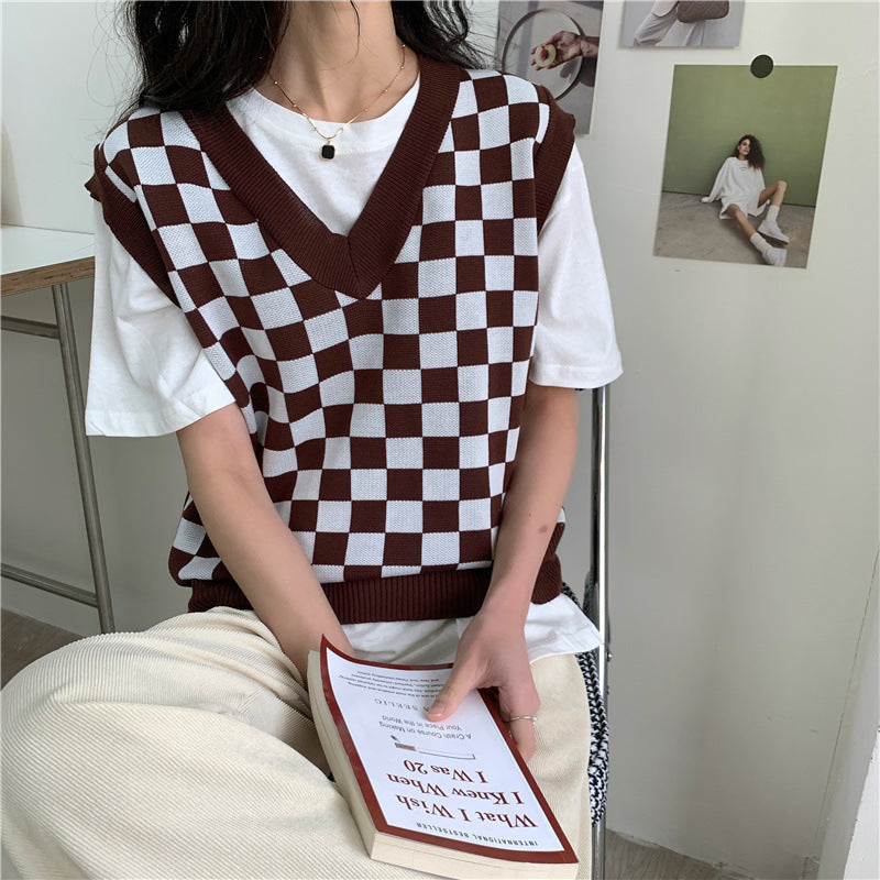 maoxiangshop-shop fall outfits black women 2024 Early Autumn New Slimming Chessboard Plaid Sweater V-neck Vest Loose Stacked Outer Sleeveless Vest for Women Fashion