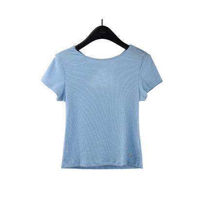 2025  kink backless design short-sleeved T-shirt women's 2025 summer Korean simple solid color top 015AX
