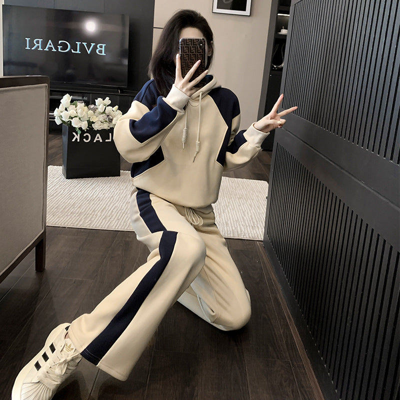 maoxiangshop business casual outfits High-End Casual Sports Suit Women's Autumn Fashionable Western Style Color Matching Hooded Sweater High Waist Straight Pants Two-Piece Set
