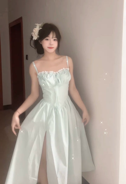 "Mint Mambo" ins wind summer seaside vacation wind A-word skirt dating super fairy suspender strap long dress women