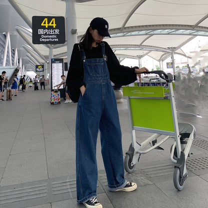 maoxiangshop pumpkin patch outfit Korean Style Denim Suspender Pants for Women 2024 Spring and Autumn New Loose High Waist Straight Wide Leg Draping Mop One-Piece Trousers