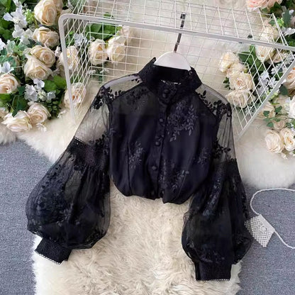 maoxiangshop-shop main character mode French Retro Mesh Lace Puff Sleeve Court Style Slim Fit Slimming Shirt for Women