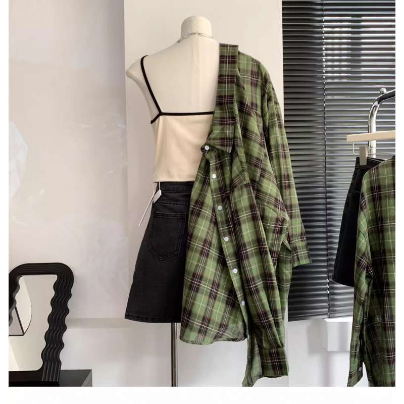 maoxiangshop-shop grunge outfits Women's White and Green Plaid Shirt, Large Loose Plaid Coat for Spring and Summer