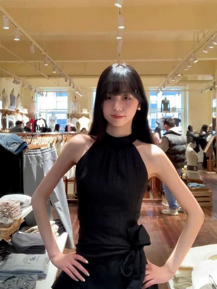 n retro design bow neck sleeveless dress women's summer new skirt