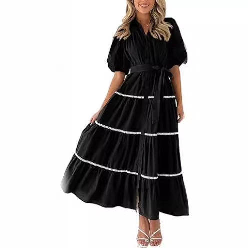 maoxiangshop 2024 Women's Clothing Puff Sleeve Lace Layered Pleated Short-sleeved Shirt Dress